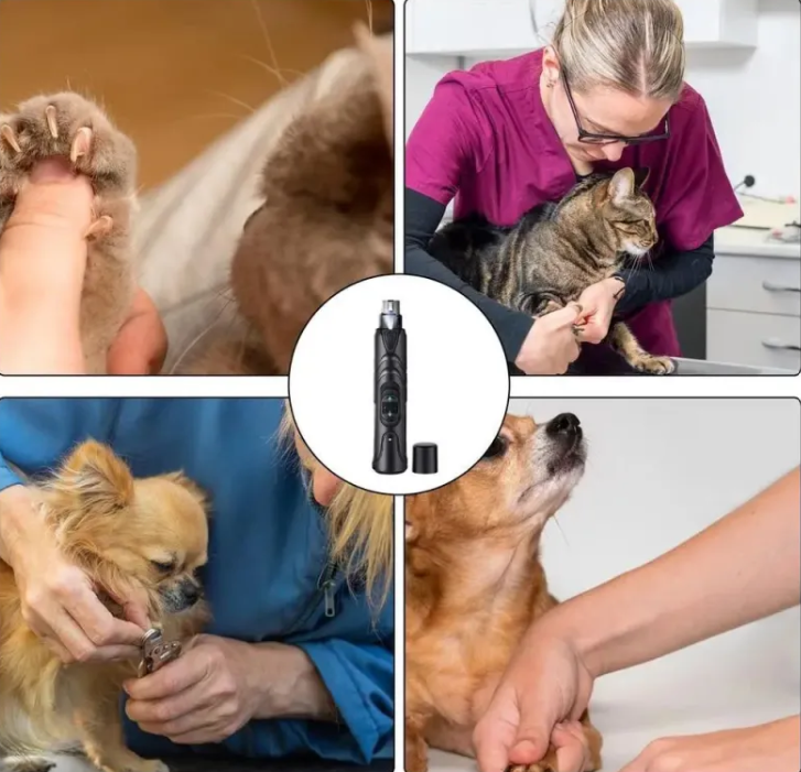 Collage of people trimming pets' nails with a focus on a nail trimmer.